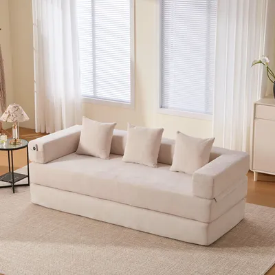 Image de okwish Canapé modulaire avec poches latérales, assise antidérapante et fonction couchage, mobilier rembourré modulable – beige