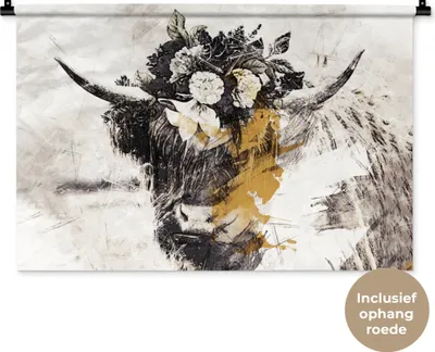 Produktbild von MuchoWow® Wandteppich Wandbehang Schottisches Hochlandrind - Gold - Weiß - Farbe 90x60 cm Tapisserie Dekoration Wandtuch - Wandskulpturen - Bildteppich