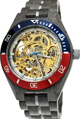 Produktbild von Holzwerk DELBRUECK Damen und Herren Automatik Holz Uhr, grau, gold, rot & blau