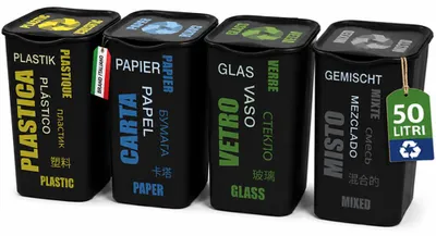 Immagine prodotto di Set 4 Pattumiere per Raccolta Differenziata 37,5x36x53,5 cm Bidone da 50 Litri in Plastica Nero
