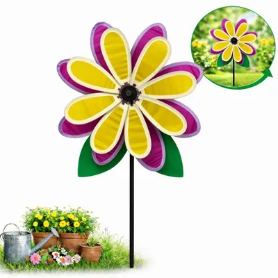 Produktbild von Gartenstecker mit Blume – Gelb mit Lila – Windmühle 112 cm – Windspiel-Gartendekoration – Drehbare Gartenmühle
