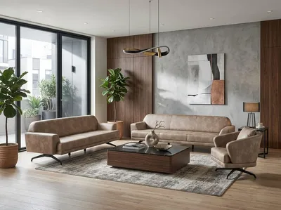Productafbeelding van Couchgarnitur 3-Sitzer Sofa Sessel Leder Beige Modern Bequem, AI-gegenereerde afbeelding