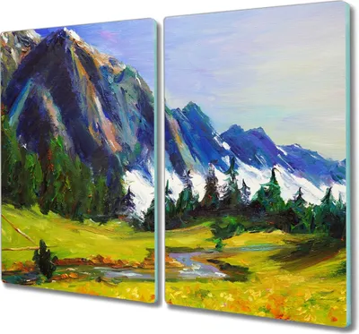 Produktbild von Coloray Schneidebrett Herdabdeckplatte 2x30x52 cm Kochplattenabdeckung Küchenbrett Hackbrett - Wiese Wald Berg Himmel
