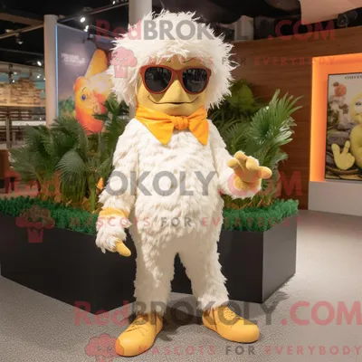 Immagine prodotto di Personaggio mascotte REDBROKOLY di un pollo fritto con crema vestito con jeans e occhiali da sole