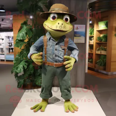 Produktbild von Maskottchen REDBROKOLY kostüm Waldgrüner Frosch bekleidet mit einem Chambray-Hemd und Hüten