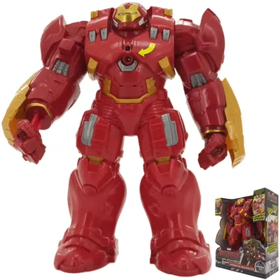 A large red and gold Hulk Buster action figure is displayed against a white background. A smaller image of the product in its packaging is visible in the lower right corner.