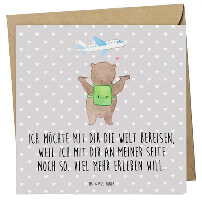 Produktbild von Mr. & Mrs. Panda Glückwunschkarte Bär Flugzeug - Grau Pastell - Geschenk, Valentinstag, Freund, doppelkarte, Grußkarte, faltkarte, für Frauen, Klappkarte, Partner