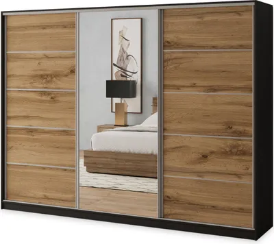 Produktbild von Masseno Schiebetürenschrank NATA 270/205/58 cm Kleiderschrank mit 4 Schubladen Schlafzimmer Schrank 3-türig mit Spiegel Schwarz / Eiche Wotan