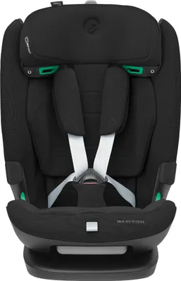 A black child car seat is shown from the front.