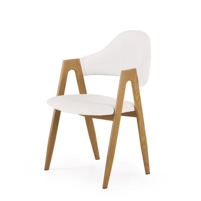 A white upholstered chair with wooden legs and armrests, photographed against a white background.