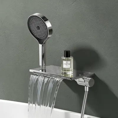 Produktbild von Mai & Mai Badewannenarmatur mit Handbrause Wasserfall Wannenarmatur 5 Strahlarten Duschbrause mit Unterauslauf Handbrause aus Messing Silber DSN-401