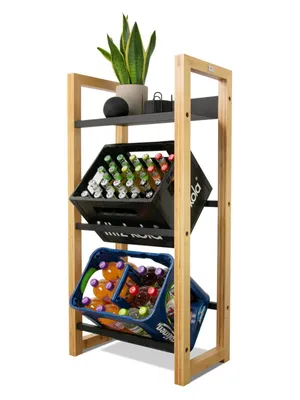 Produktbild von holz4home® Getränkekistenregal aus Bambus I 3 Kisten I inkl. Metallablage I Schwarze Metallstreben I Kellerregal Getränkeregal für Küche & Keller