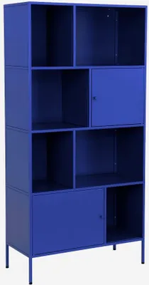 A blue metal sideboard with multiple storage compartments and doors, shown against a white background.