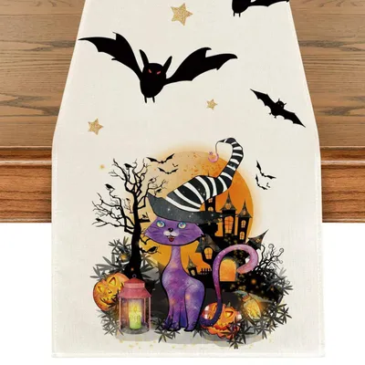 Zdjęcie produktu dla Świąteczna dekoracja na stół – bieżnik Halloween, motyw dyni i nietoperzy, 40 x 180 cm, poliester, imitacja lnu