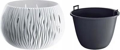 A white decorative planter and a black bucket are shown side-by-side on a white background.