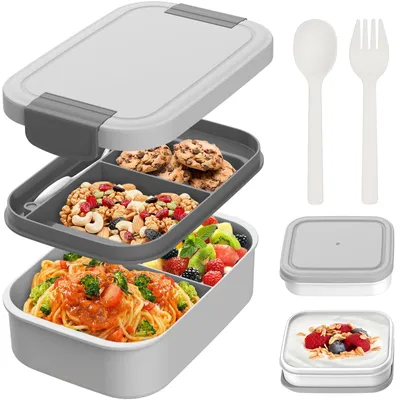 Produktbild von Lunchbox für Kinder und Erwachsene mit Fächern, 1960 ml, BPA-frei, auslaufsicher, Bento-Box mit Besteck und Soßenbehälter für Schule, Picknicks und unterwegs.