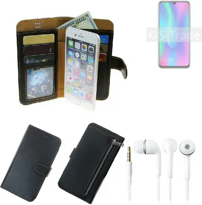 Produktbild von TOP SET Handy Hülle Schutz Hülle kompatibel mit Huawei Honor 10 Lite  schwarz aus Kunstleder + Kopfhörer Smartphone Tasche vollwertige Geldbörse