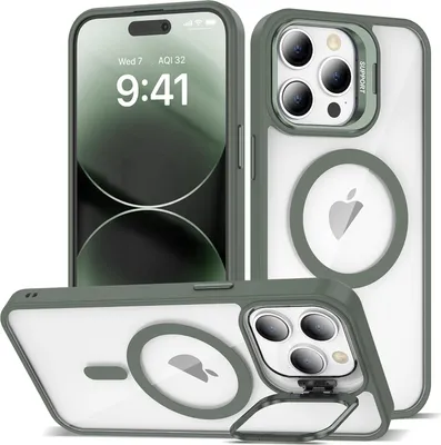 Produktbild von Magnetisch Hülle für iPhone 15 Plus, Kompatibel mit MagSafe, Transparent Rückseite TPU Bumper Handyhülle mit Kameraständer Dunkelgrün