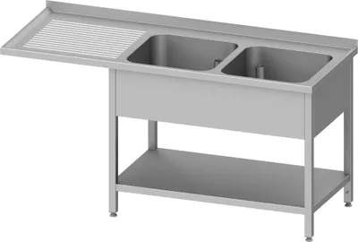 Produktbild von Spültisch mit Grundboden, und Überstand, 1600x600x900 mm, mit zwei Becken rechts, mit Aufkantung, verschweißt