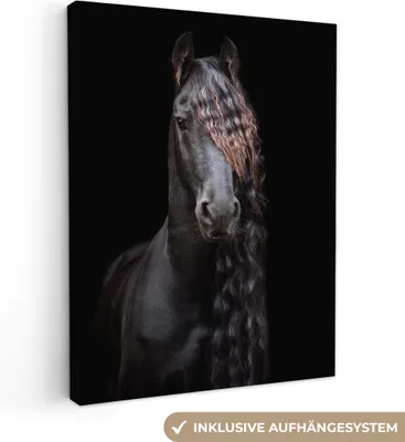 Produktbild von MuchoWow® - Leinwandbilder - Pferde - Friesisch - Mähne - Schwarz - Tiere, Wandbild, Wanddeko Bilder Wohnzimmer, 90x120 cm