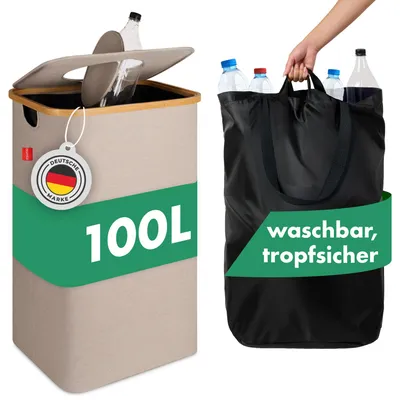 Produktbild von Blumtal Pflandflaschen Sammelbehälter 100L - Bambus Pfandflaschen Organizer mit Pfandflaschen Tasche - Pfandflaschen Behälter in Beige