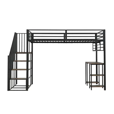 Produktbild von Flieks Etagenbett 120x200cm mit Schreibtisch und Ablage, Hochbett mit Treppe, Kinderbett Metallbett mit Rausfallschutz, Stockbett Schwarz