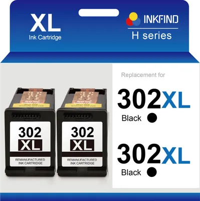 A product image showing two black ink cartridges and marketing text on a white background.