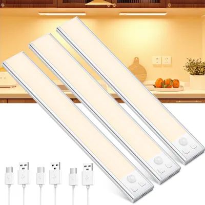 Produktbild von OUILA Schrankbeleuchtung LED mit Bewegungsmelder Unterbauleuchte Küche LED USB-C wiederaufladbar LED-Licht Dimmbar kabellos Nachtlicht für Küche Kleiderschrank Schrank 20.5CM 3 Stück