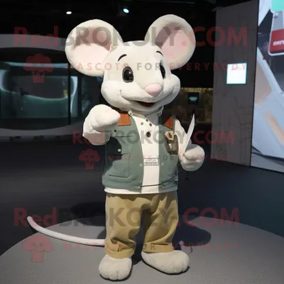 Produktbild von Cremefarbener REDBROKOLY Maus Maskottchen Kostüm charakter bekleidet mit einer Cargohose und Smartwatches
