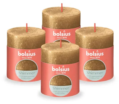Produktbild von Bolsius Rustikale Stumpenkerze – Shimmer Gold – 4 Stück – lange Brenndauer von 3