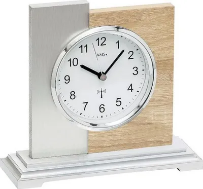 Produktbild von AMS 5151 Tischuhr Funk silbern modern Holz Sonoma Optik mit Aluminium Auflage