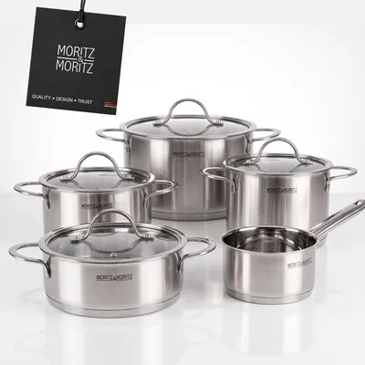 5-teiliges Edelstahl-Pannenset mit 4 Glasdeckeln, Induktion