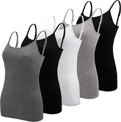 Immagine prodotto di Set di 5 canottiere da donna con spalline sottili, nei colori nero, bianco, grigio e grigio scuro