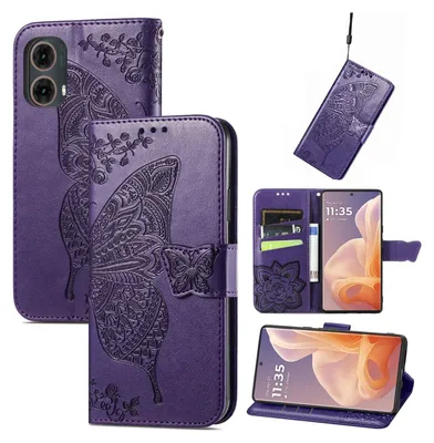 Produktbild von Für Motorola Moto G85 Kunstleder Wallet Handy Tasche Schmetterling Design Hülle Etuis Lila