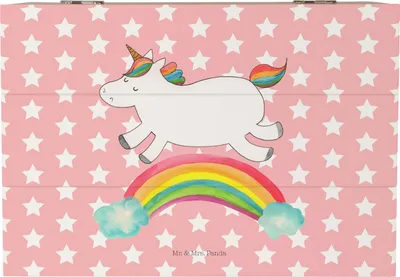 Produktbild von Mr. & Mrs. Panda Holztruhe Einhorn Regenbogen 22 x 15 cm - Rot Pastell - Geschenk, geschenkkiste, Erwachsenwerden, Box, Glitzer, Truhe, Einhornautobahn, Unicorn, fotobox