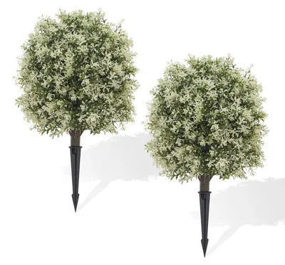 Image de Buis artificiel - Buis topiaire en forme de boule - Lot de 2 - 60 cm - Résistant aux UV - Avec piquets - Beige