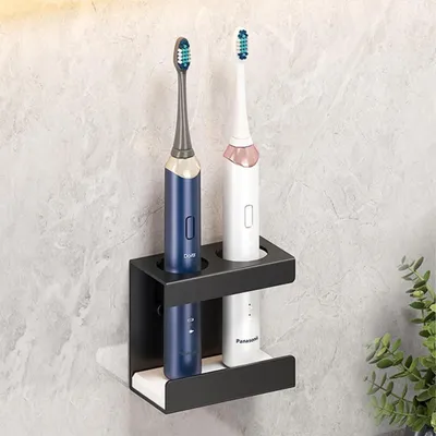 Image de Support pour brosses à dents électriques, fixation murale sans perçage, acier inoxydable, noir, lot de 4