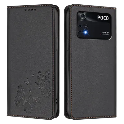 Produktbild von Lederhülle für Xiaomi Poco M4 Pro 4G, Schmetterling Prägung Leder Brieftasche Schutzhülle mit Ständer Schwarz