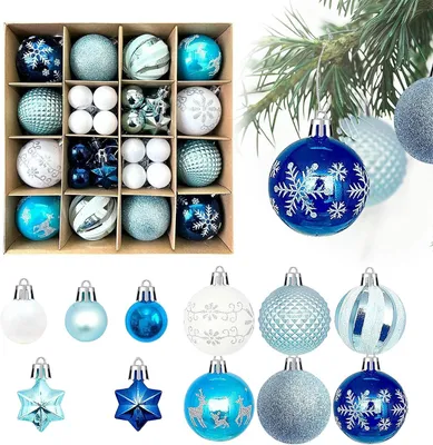 Productafbeelding van Kerstballen - Set van 44 - Blauw en wit - 6 cm en 3 cm - Kunststof kerstboomversiering