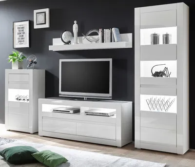 Produktbild von Wohnwand "Nobile" in Hochglanz weiß und Stone Design grau Anbauwand 4-teilig 302 x 198 cm