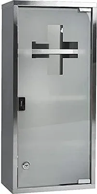 Produktbild von Theo&Cleo Medizinschrank aus Edelstahl abschließbarer Arzneischrank Erste-Hilfe-Schrank Hausapotheke 2/3 / 4 Fächer mit Glas Tür 57 x 27 x 12 cm (Silber - 4 Fächer)