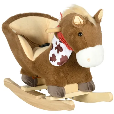 Produktbild von HOMCOM Schaukelpferd für Babys 18–36 Monate, Schaukelpferd mit Tiergeräuschen, Sicherheitsgurt, Lenker und Fußstütze, Belastung 40 kg, 60 x 33 x 50 cm, Kaffeebraun