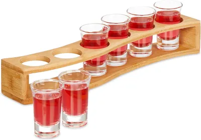 Image de Verres à shot avec support - Coffret de 6 - Verres à shot réutilisables - Verres à liqueur - 4 cl - Verre et bambou - Naturel