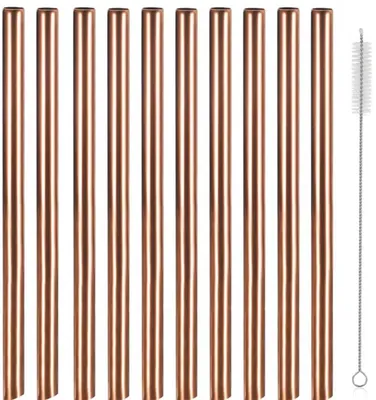 Obrázek produktu pro Opakovaně použitelné kovové brčka – nerezová ocel – 10 kusů – růžová/měděná barva – moderní brčka – brčka na koktejly – s kartáčkem – CHPN