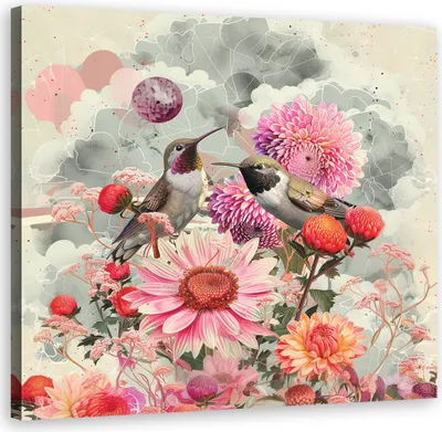 Produktbild von Leinwandbild Kolorowe Kwiaty I Ptaki 60x60 Feeby Bunt bild für die wand bereit zum aufhängen