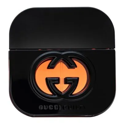 A black Gucci Guilty Black perfume bottle with an orange Gucci logo.