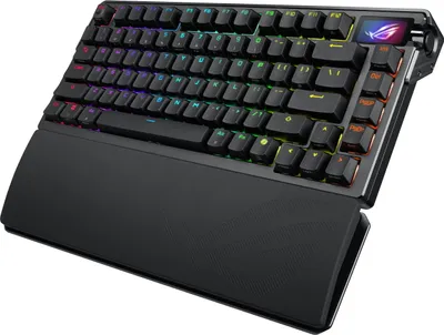 A black mechanical keyboard with RGB lighting and a wrist rest, shown from a diagonal angle against a white background.