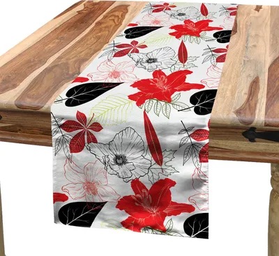 Produktbild von ABAKUHAUS Blumen Tischläufer, Sommersaison inspirierte grafische botanische Aufbau-Blüten und Blätter auf Weiß, 40 x 180 cm, Mehrfarbig