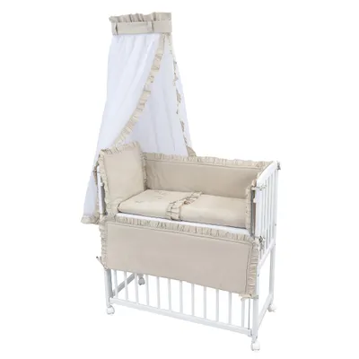 Produktbild von Baby-Delux Beistellbett Babybett 90x40 weiß inkl. Matratze, Bettwäsche Set komplett Royal Beige Rüsche