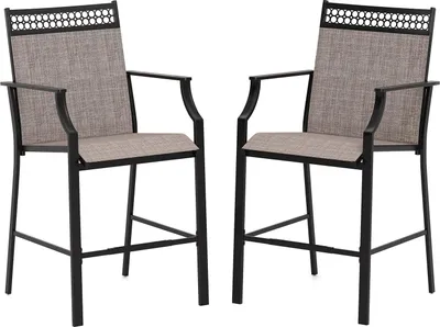 Produktbild von GOPLUS Gartenstuhl 2er Set, Barhocker Barstuhl mit hohe Rückenlehne, Armlehnen & Fußstütze, Balkonstuhl aus Metall bis 180kg belastbar, Braun